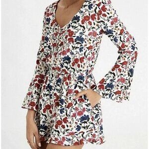 New NWT American Eagle Red Blue Floral Bell Sleeve Ruffle Hem Boho Romper Sz S
